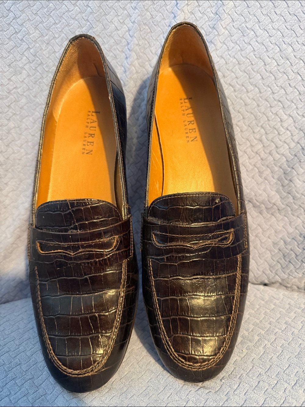 Ralph Lauren Dark Brown Croc-Embossed Penny Loafers
